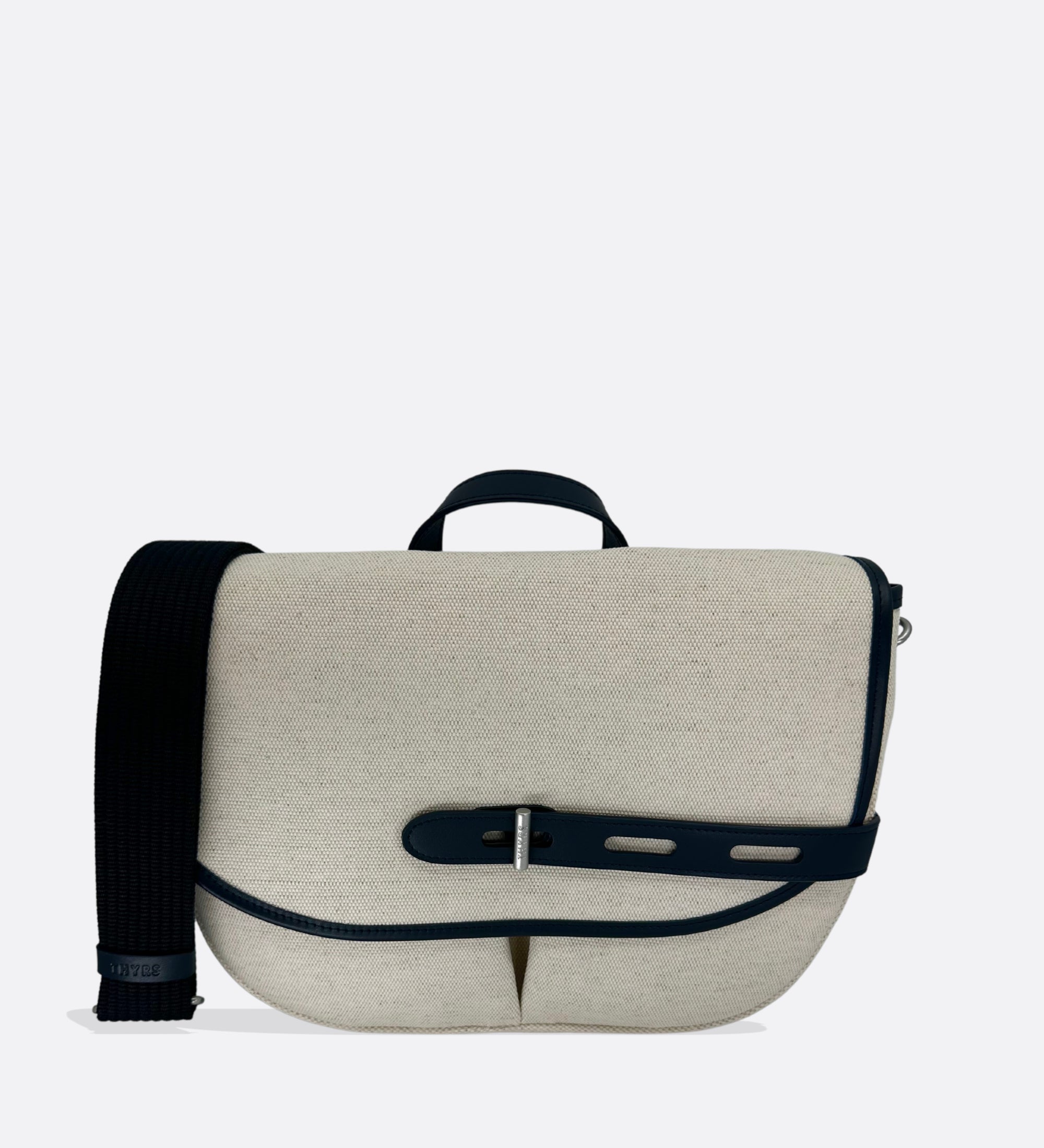 Besace en tissu natté écru et cuir marine, THYRS
