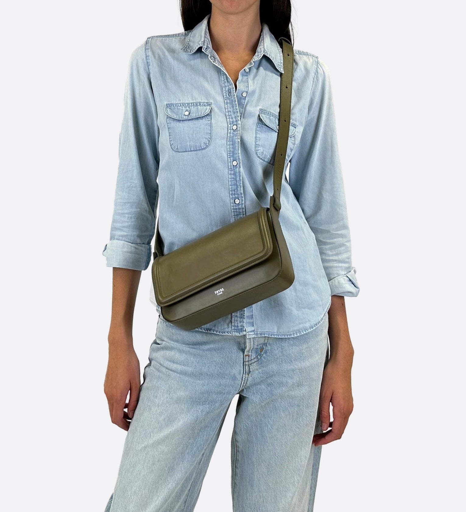 Sac Nine baguette cuir lisse vert olive, THYRS