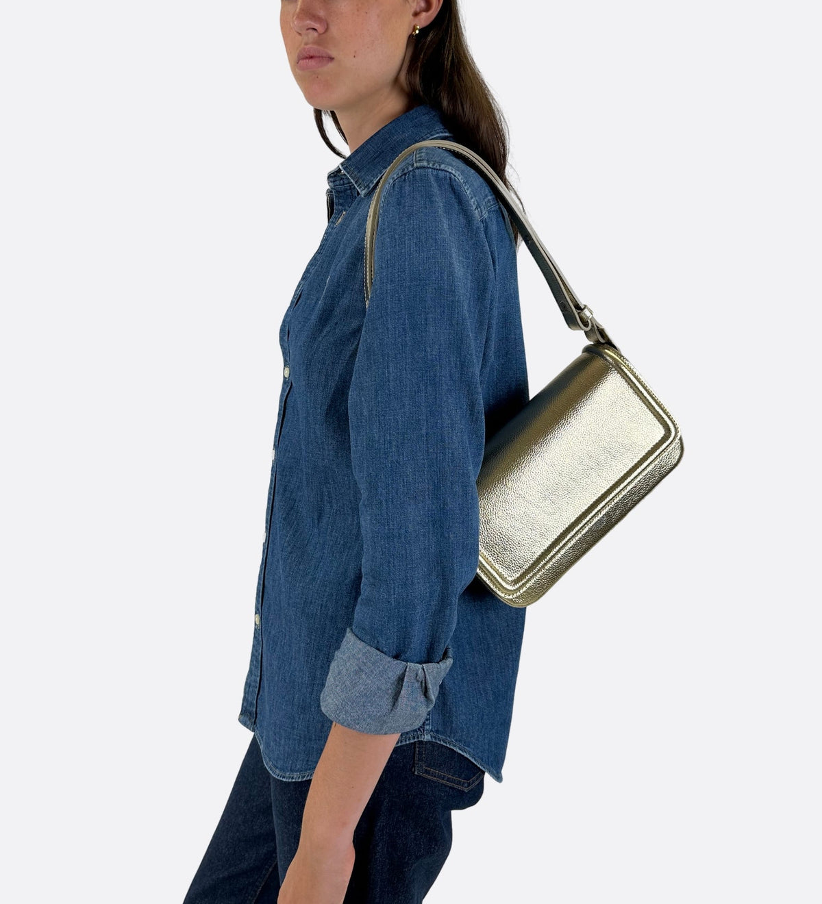 Sac Nine baguette en cuir grainé coloris champagne THYRS
