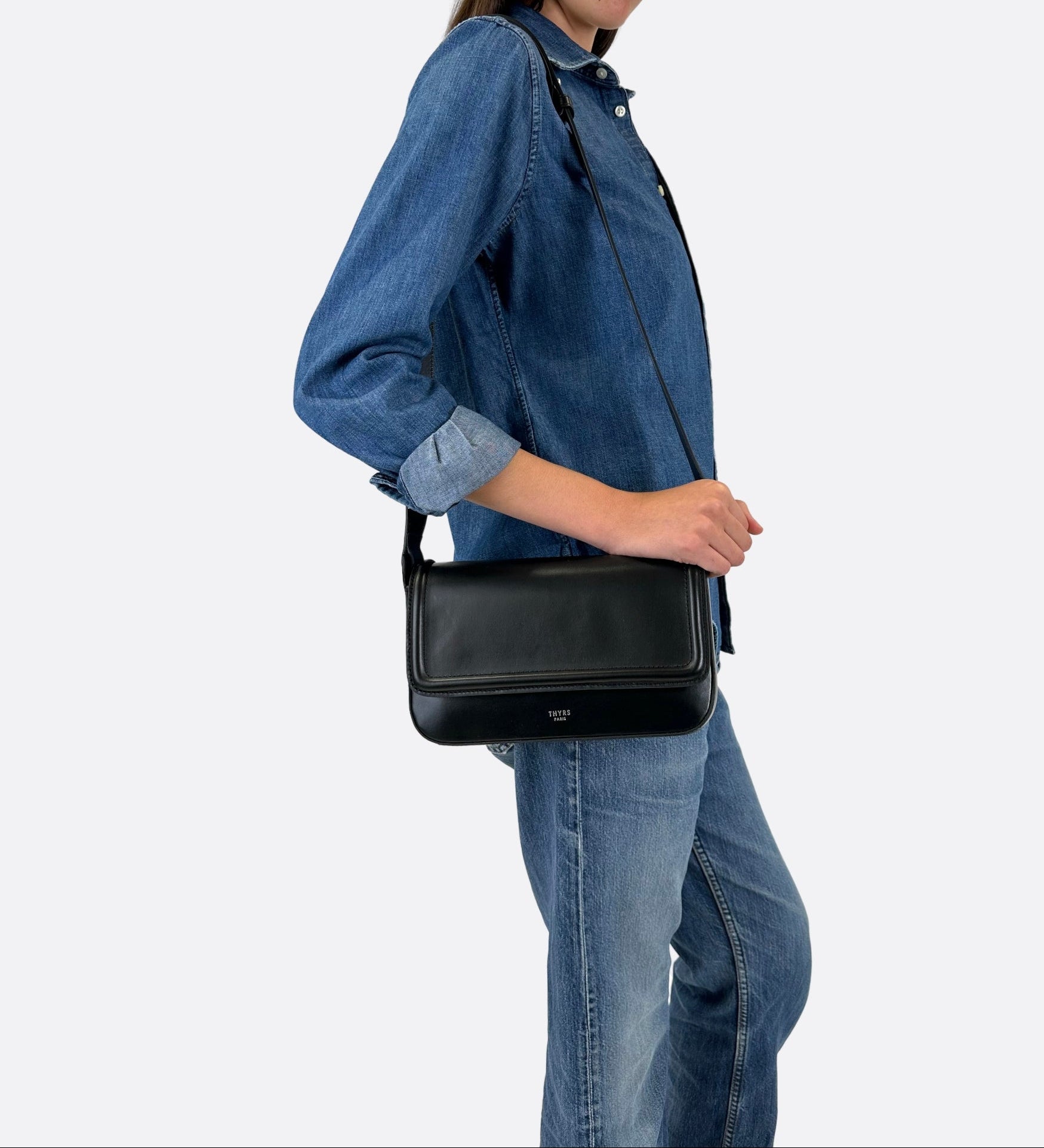 Sac Nine baguette cuir lisse noir, THYRS