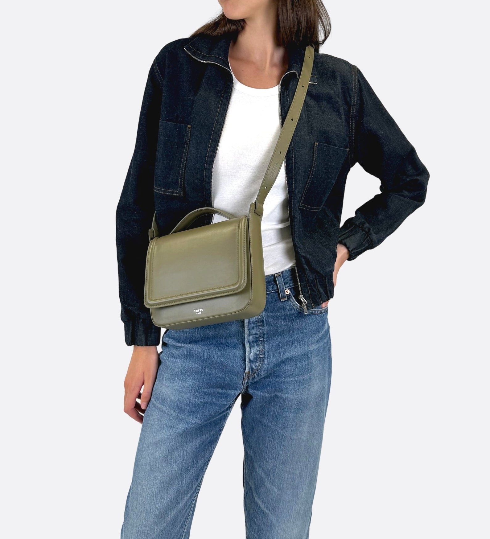 Sac Nine en cuir lisse olive, THYRS